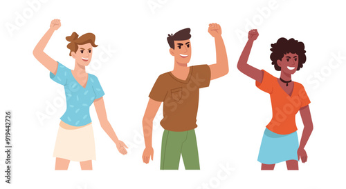 Crowd of men and women protesting and raising clenched fists. Vector isolated people on rally showing opinion and disagreement. Demonstration or revolution, civilian protesters shouting slogans