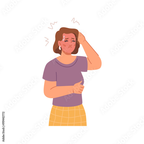Woman with headache and fever, high temperature, flat cartoon person feeling unwell. Female with virus influenza and respiratory illness, unhealthy expression. Character having cold, seasonal flu
