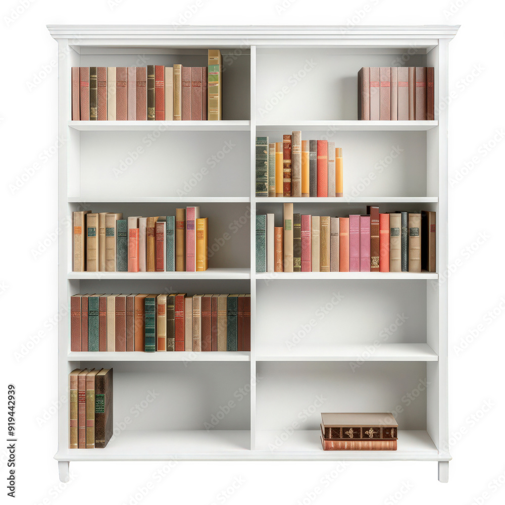 A white bookshelf filled with various colorful books, perfect for home decor or library settings. A white bookshelf filled with various colorful books, perfect for home decor or library settings.