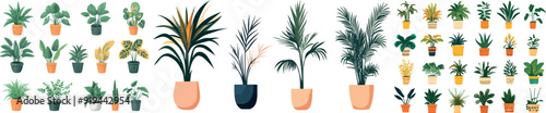 Indoor plants, foliage, leaves modern set.  plants in pots, palms in baskets,  plants in vases.