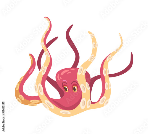 Kraken octopus with tentacles, sucker limbs, flat cartoon animal. Vector marine creature, sea and ocean underwater squid illustration. Aquatic cuttlefish, cephalopod octopus seafood