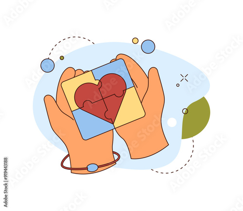 Psychological and mental health care and treatment. Vector flat hands holding puzzles. Self cognition and awareness, understanding and confidence. Psychology sessions and therapy