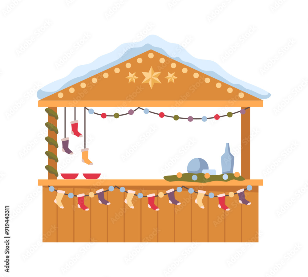 Obraz premium Christmas market stall kiosk with fastfood snacks. Traditional winter fair marketplace with snow on top, stockings and garland decoration. Wooden kiosk with takeaway bowls and jar with hot drinks
