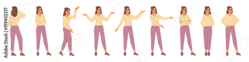 Female character work interactions and gestures. Vector isolated woman presenting or showing, employee girl in glasses communicating and showing professionalism. Thinking or pondering boss