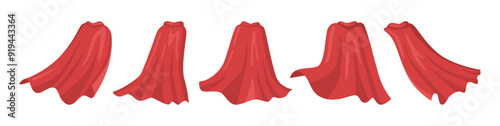 Festival or carnival apparel, isolated set of hero silk red capes. Vector part of costume for man or woman personage, heroic character. Uniform or clothing for personage covering identity