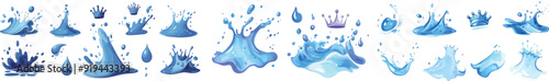 Object spatters, sputter, splashdown.  water drops. Blue water drops, puddle and spray. Aqua motion concept.