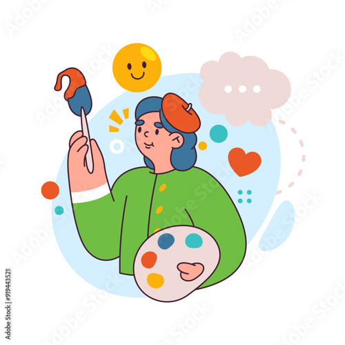 Art lessons at school, college or university. Vector flat girl character drawing painting with brush and paints. Creativity and artists clubs by interest in lyceum, hobby skills development