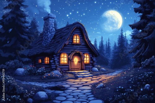 A Cozy Cabin in a Starlit Forest