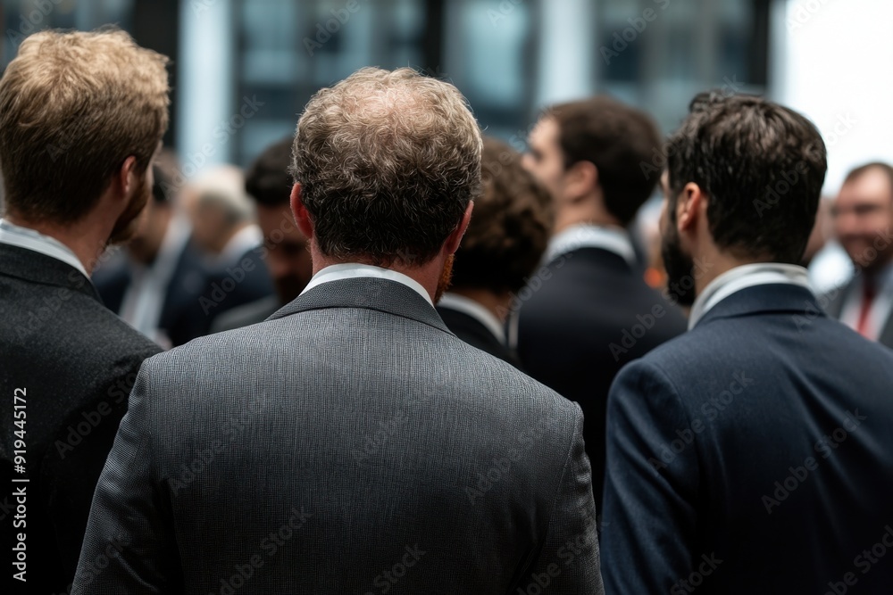Fototapeta premium A group of professional individuals in suits networking at an event, showcasing modern corporate relationships and collaboration.