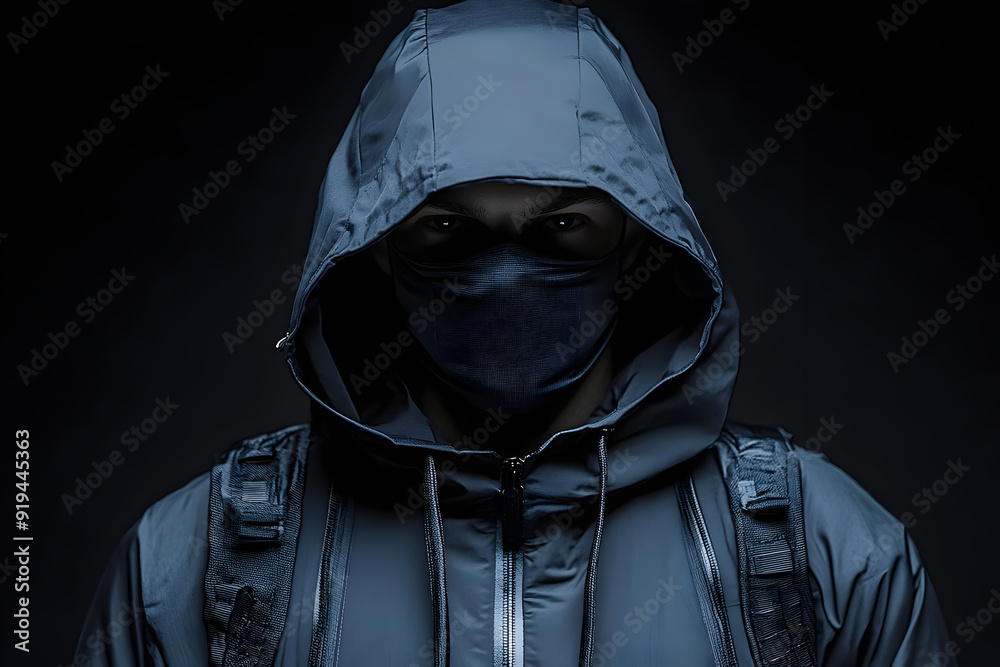 Mysterious figure in dark attire with a hood and mask, perfect for themes of anonymity and intrigue. Mysterious figure in dark attire with a hood and mask, perfect for themes of anonymity and intrigue.