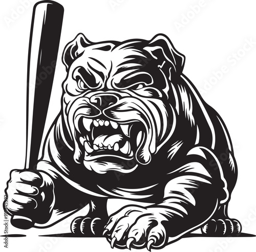 Bulldog Angry with Baseball Bat Stylized Vector Illustration