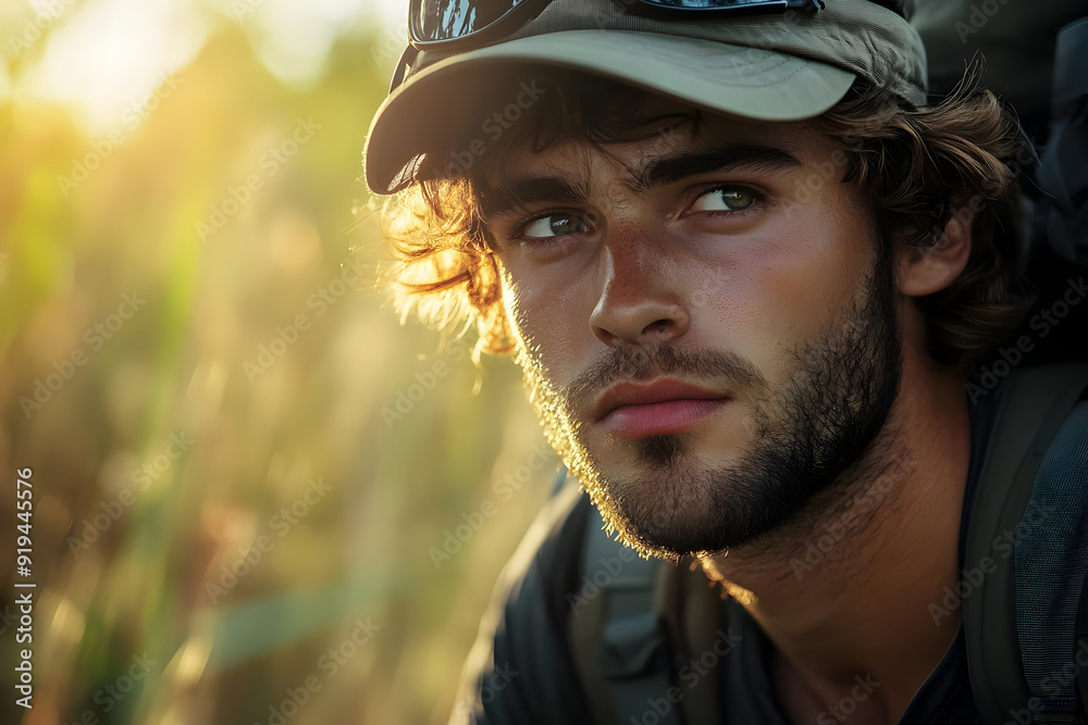 A contemplative young man in nature, showcasing a rugged look and determination under soft sunlight. A contemplative young man in nature, showcasing a rugged look and determination under soft sunlight.