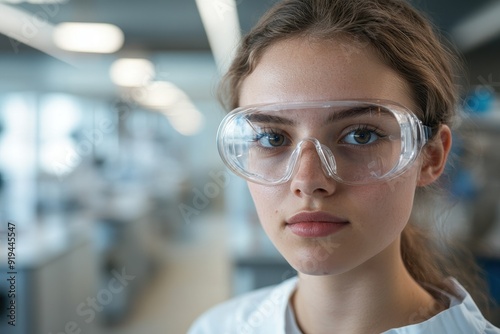 Close-up of a university student wearing safety goggles in a laboratory setting.