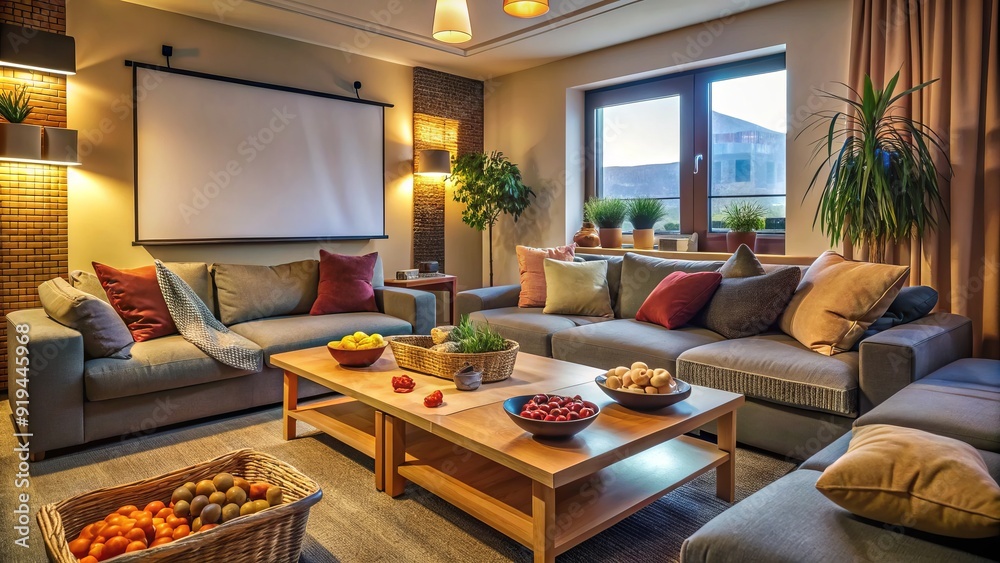 Cozy living room with projector screen, snacks, and comfortable couch, ready for a fun movie night gathering with friends or family. Cozy living room with projector screen, snacks, and comfortable couch, ready for a fun movie night gathering with friends or family.