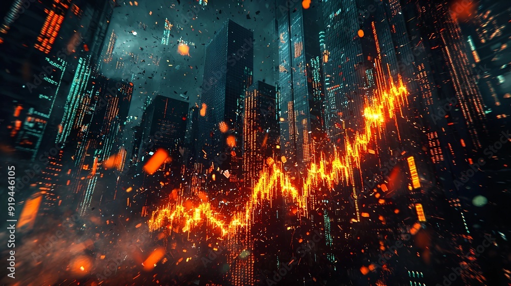 Fototapeta premium Cityscape with a Burning Stock Market Graph