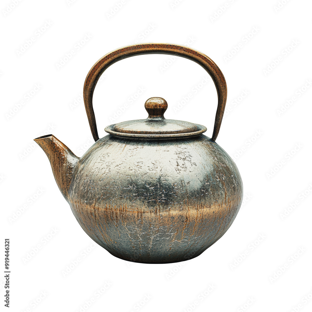 PNG Traditional kettle with a wooden handle on a table PNG Traditional kettle with a wooden handle on a table
