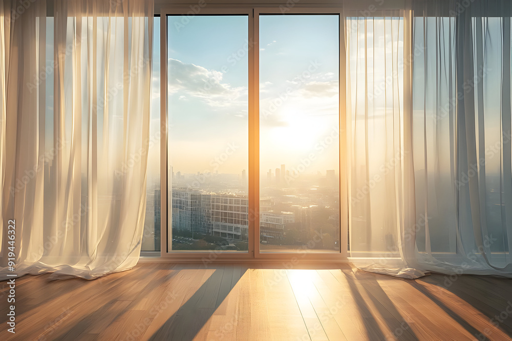 Serene sunrise view through a large window, framed by elegant curtains and warm wooden floor, illuminating a tranquil space. Serene sunrise view through a large window, framed by elegant curtains and warm wooden floor, illuminating a tranquil space.