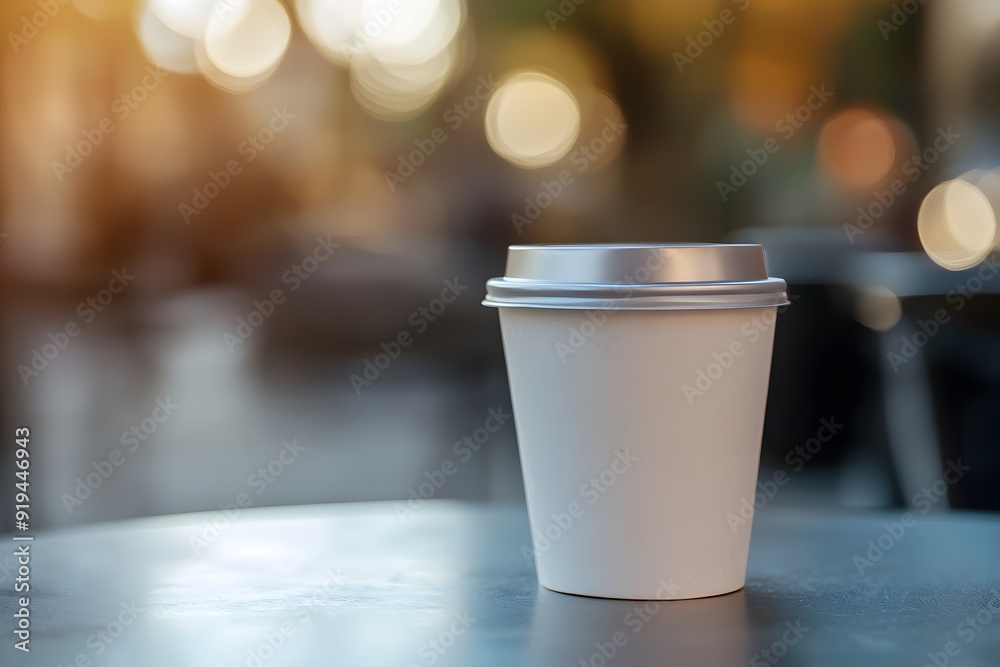 White blank paper coffee cup with silver lid on table, blurred background. Mockup for design or logo. Flat lay. Vintage style photo White blank paper coffee cup with silver lid on table, blurred background. Mockup for design or logo. Flat lay. Vintage style photo