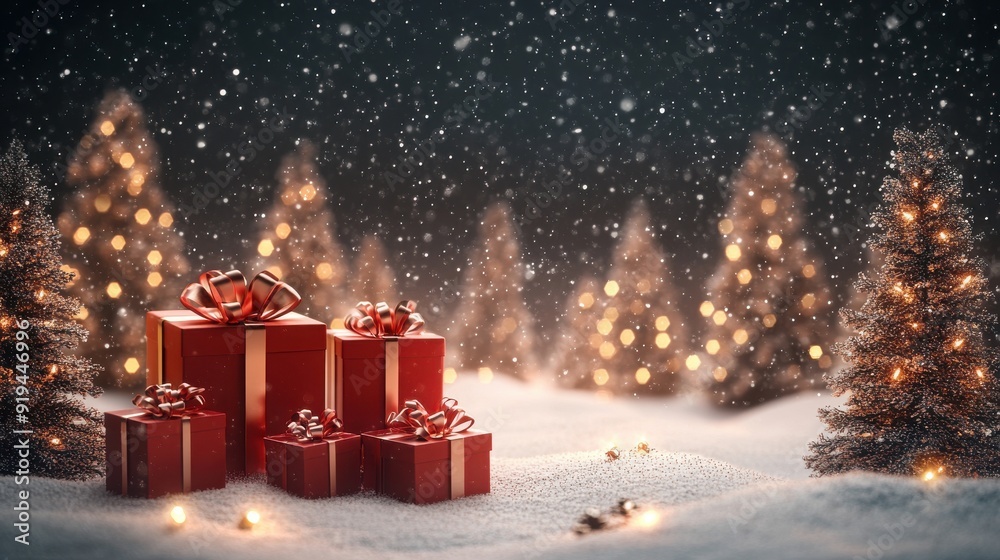 Christmas background with red gift boxes and golden ribbons among snowy pine trees, stars in the sky, night scene. Christmas background with red gift boxes and golden ribbons among snowy pine trees, stars in the sky, night scene.
