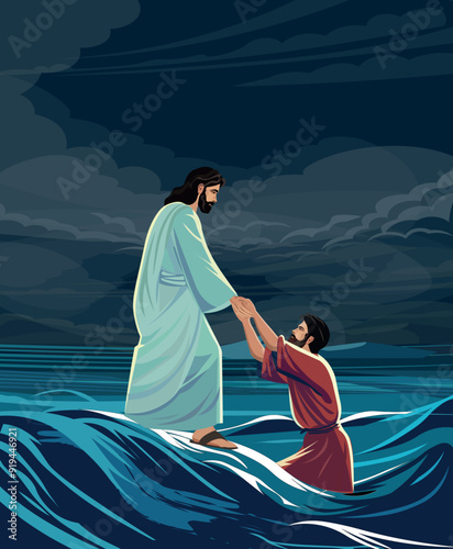 Jesus helps Peter not to drown by holding his hand and pulling him out of the water. Vector illustration. Biblical Series