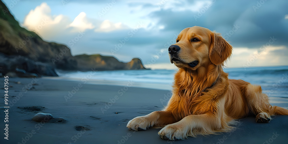 A serene golden retriever relaxing on a beach with gentle waves and cloudy skies in the background, capturing peaceful moments. A serene golden retriever relaxing on a beach with gentle waves and cloudy skies in the background, capturing peaceful moments.
