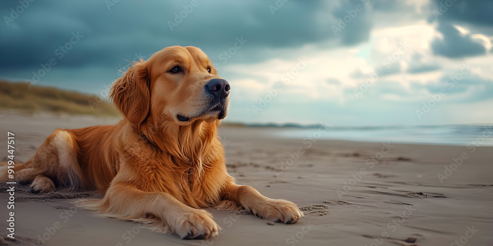 A golden retriever rests peacefully on the sandy beach, gazing at the ocean under a dramatic sky. Perfect for pet lovers. A golden retriever rests peacefully on the sandy beach, gazing at the ocean under a dramatic sky. Perfect for pet lovers.
