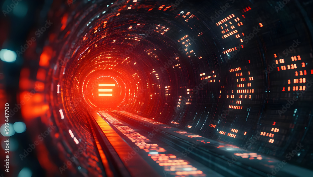 A futuristic tunnel illuminated with glowing lights, leading towards a bright red exit, creating a captivating visual journey. A futuristic tunnel illuminated with glowing lights, leading towards a bright red exit, creating a captivating visual journey.