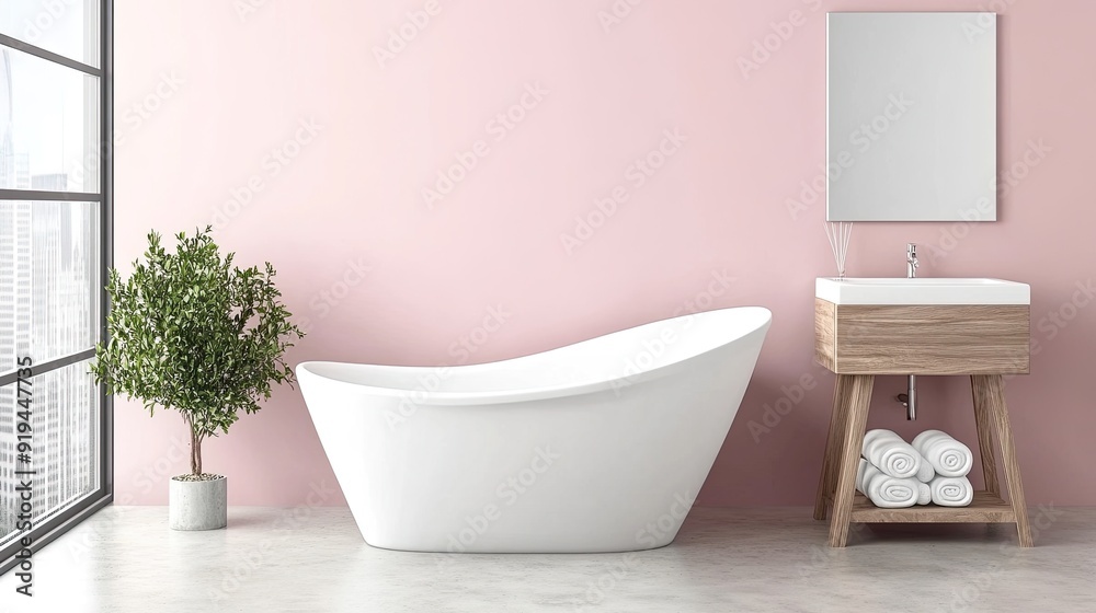 Fototapeta premium A modern bathroom showcases a freestanding bathtub, round mirror, and wooden cabinet, blending minimalism with Japandi design elements in a tranquil setting