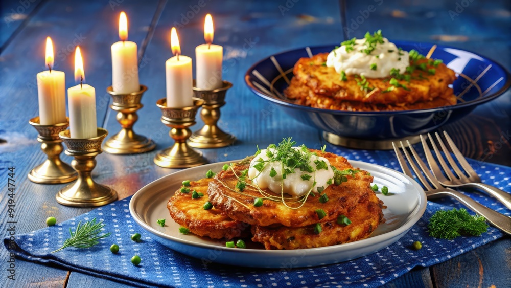Crunchy, golden latkes garnished with sour cream and chives rest on a festive blue tablecloth, surrounded by glowing Hanukkah candles and a Star of David centerpiece. Crunchy, golden latkes garnished with sour cream and chives rest on a festive blue tablecloth, surrounded by glowing Hanukkah candles and a Star of David centerpiece.