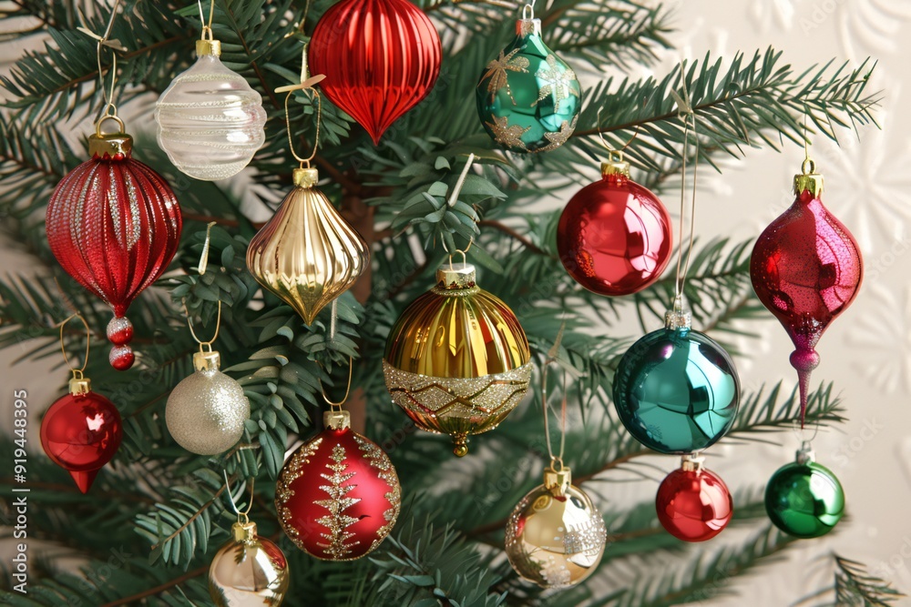 Naklejka premium Cute 3D render of holiday ornaments in various shapes and colors hanging on a decorated tree , created ai