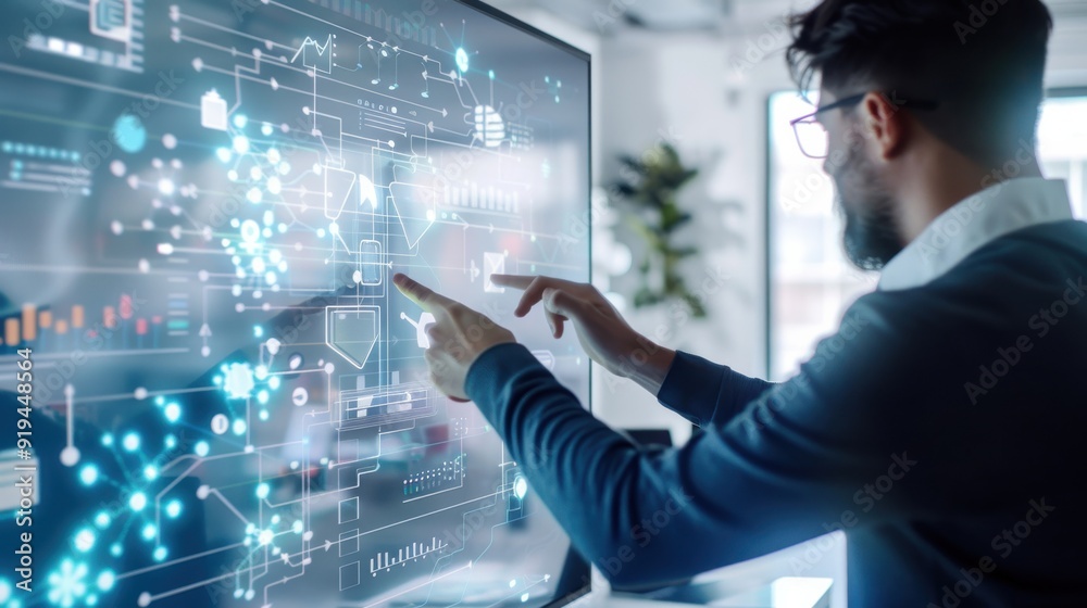 A man is pointing at a computer monitor displaying a complex network of data A man is pointing at a computer monitor displaying a complex network of data