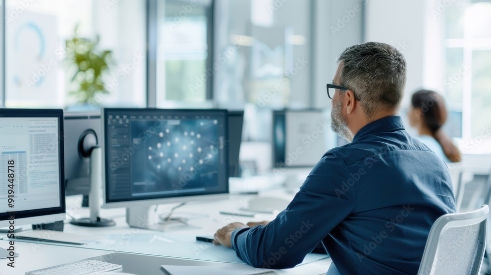 A man is sitting at a desk with a computer monitor in front of him A man is sitting at a desk with a computer monitor in front of him