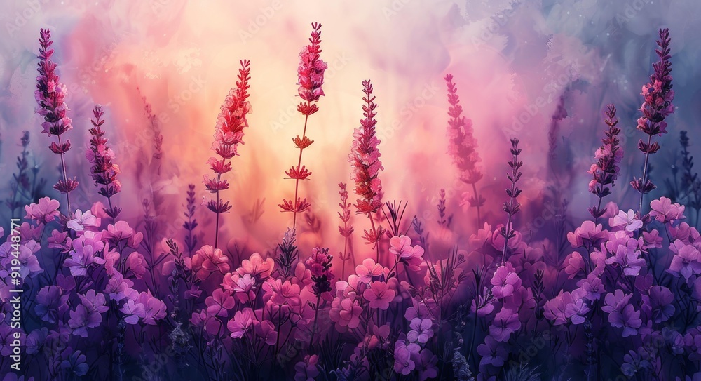 Naklejka premium Pink Flower Field Sunset, Digital Art Print