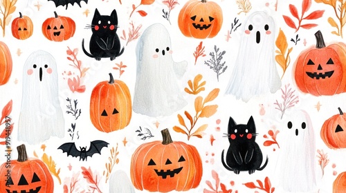 The image features a whimsical Halloween-themed pattern with pumpkins, ghosts, black cats, and autumn leaves, in a cute cartoon style on a white background.