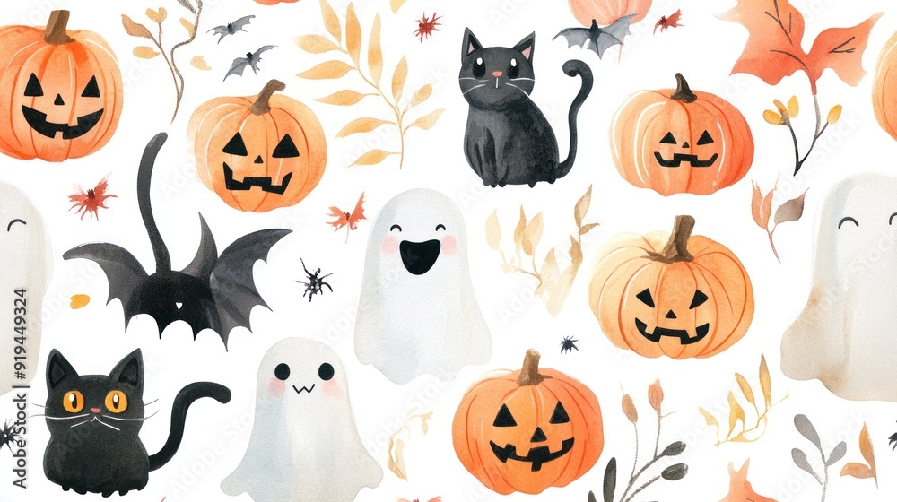 A playful Halloween-themed illustration featuring jack-o'lanterns, black cats, ghosts, bats, spiders, and autumn leaves against a light background.