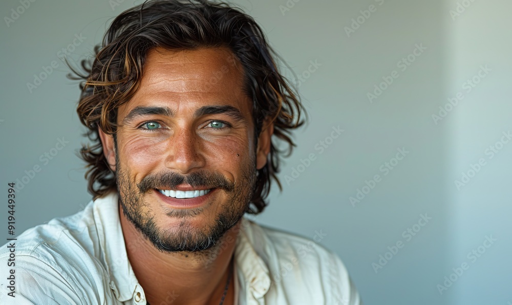 a closeup photo portrait of a handsome latino man smiling with clean teeth for a dental ad guy with long stylish hair,beard with strong jawline isolated on white background. a closeup photo portrait of a handsome latino man smiling with clean teeth for a dental ad guy with long stylish hair,beard with strong jawline isolated on white background.
