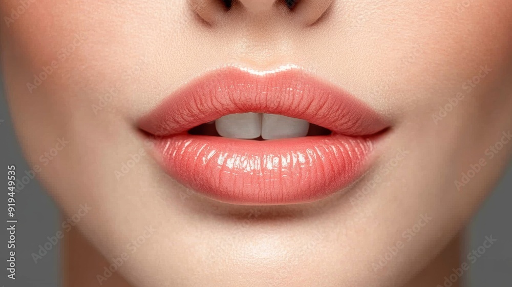 Close-up of natural glossy lips with gentle smile Close-up of natural glossy lips with gentle smile