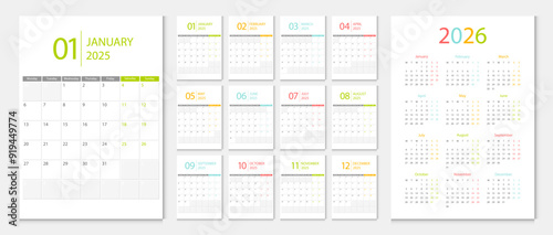 Calendar 2025, calendar 2026 week start Monday corporate design template vector. Desk calendar planner.