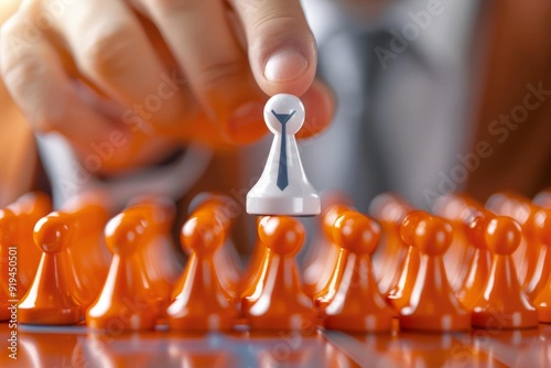 A hand selects a white game piece from a group of orange pieces, representing leadership and decision making. photo