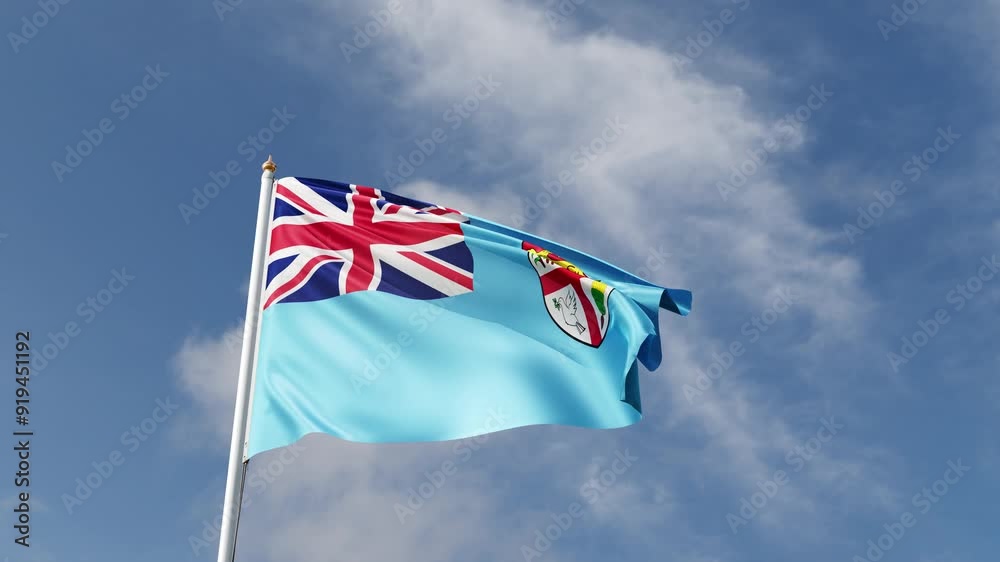 Flag of Fiji on a blue sky, flag on a flag pole waving in the wind, Asian island in Oceania, national symbol of Fiji island, video of a flag