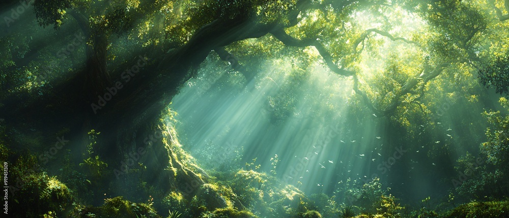 Enchanted forest with towering ancient trees, soft mist, and ethereal light beams breaking through the canopy Enchanted forest with towering ancient trees, soft mist, and ethereal light beams breaking through the canopy