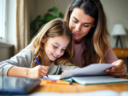 Wallpaper Mural A young beautiful mom is helping her young daughter do her homework. The girl smiles and happily makes notes in her notebook. Torontodigital.ca