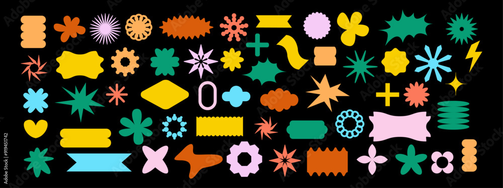Y2k abstract groovy shape set, vector funky cute flower minimal sticker kit, wavy objects, stars. Brutal geometric frame, flat basic form, colorful futuristic design graphic. Brutalism groovy shapes
