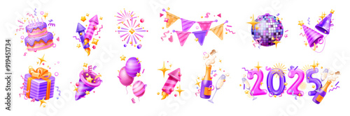 3D New Year party icon set, vector Christmas holiday celebration objects, firecracker, paper popper. Night club disco ball, champagne bottle, gift box, decoration flag, confetti. 3D party night kit