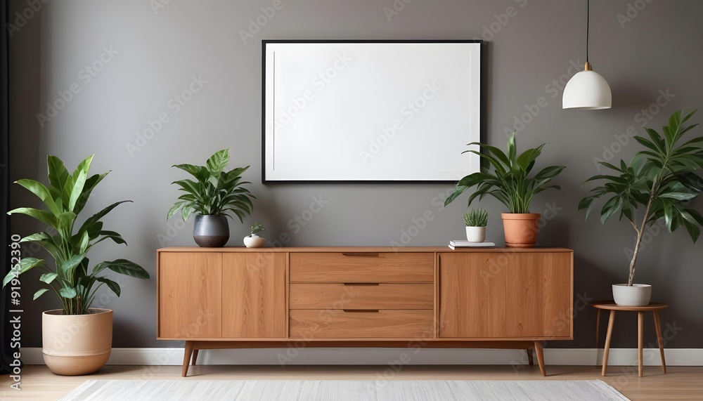 A modern living room with a wooden sideboard, a potted plant, and a blank framed wall art. A modern living room with a wooden sideboard, a potted plant, and a blank framed wall art.