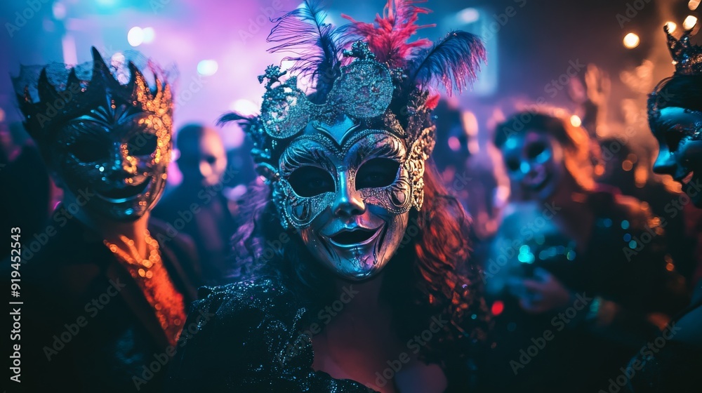 A mysterious masked ball with participants in ornate Venetian masks and costumes, surrounded by colorful lights and a festive atmosphere. A mysterious masked ball with participants in ornate Venetian masks and costumes, surrounded by colorful lights and a festive atmosphere.