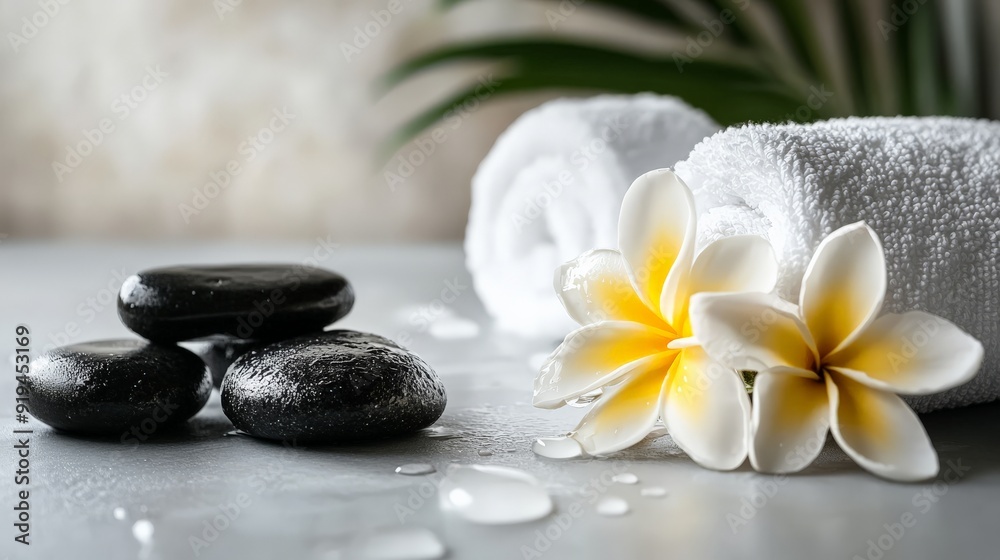 A serene spa setting with rolled towels, black massage stones, and white-yellow flowers, promoting relaxation and tranquility. A serene spa setting with rolled towels, black massage stones, and white-yellow flowers, promoting relaxation and tranquility.