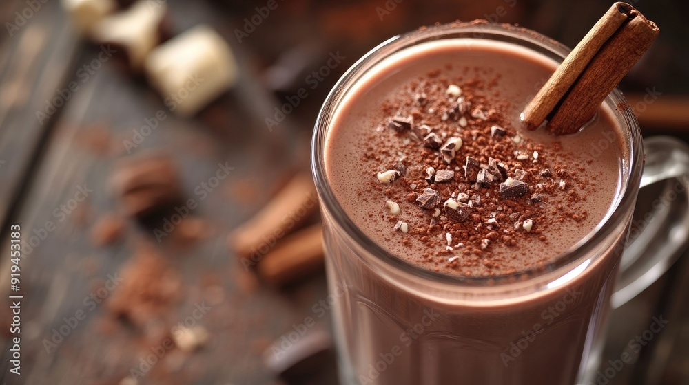 Close-up of a glass of rich hot cocoa with a cinnamon stick Close-up of a glass of rich hot cocoa with a cinnamon stick