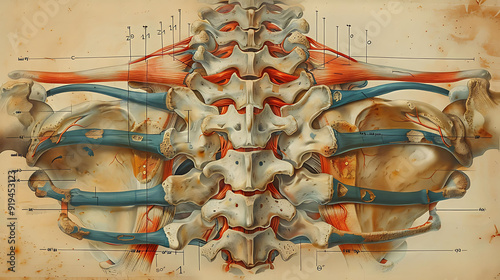 Gross anatomy of human back showcasing muscles vertebrae and connective tissues