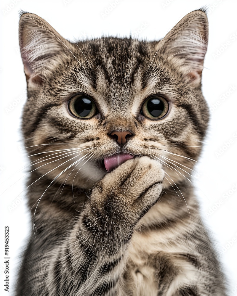 Fototapeta premium Little Tabby Hygiene Adorable Tabby Kitten Cleaning its Paw Against White Background A Close Up Studio Shot of a Cute Cat Kitten Cleaning Moment
